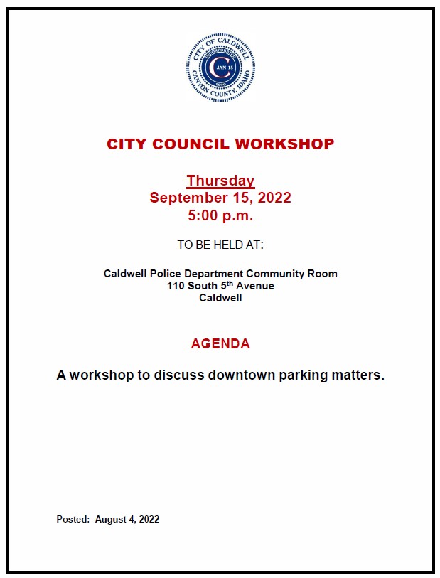 City Council Workshop Agenda for 9-15-2022