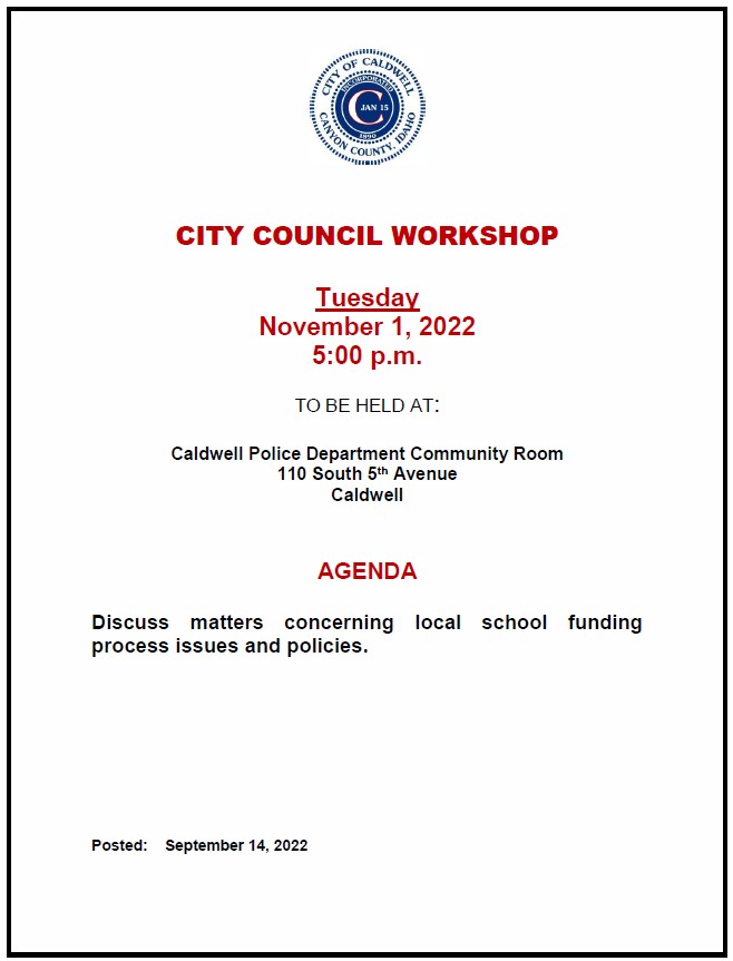 City Council Workshop notice for 11-1-2022