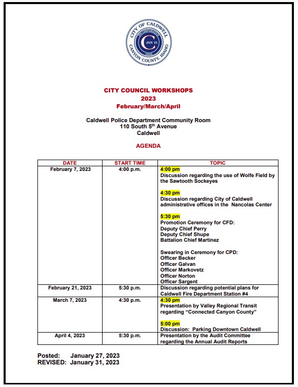 City Council workshop schedule/agenda