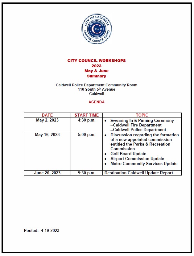 City Council Workshop Agenda for May & June 2023 Workshops