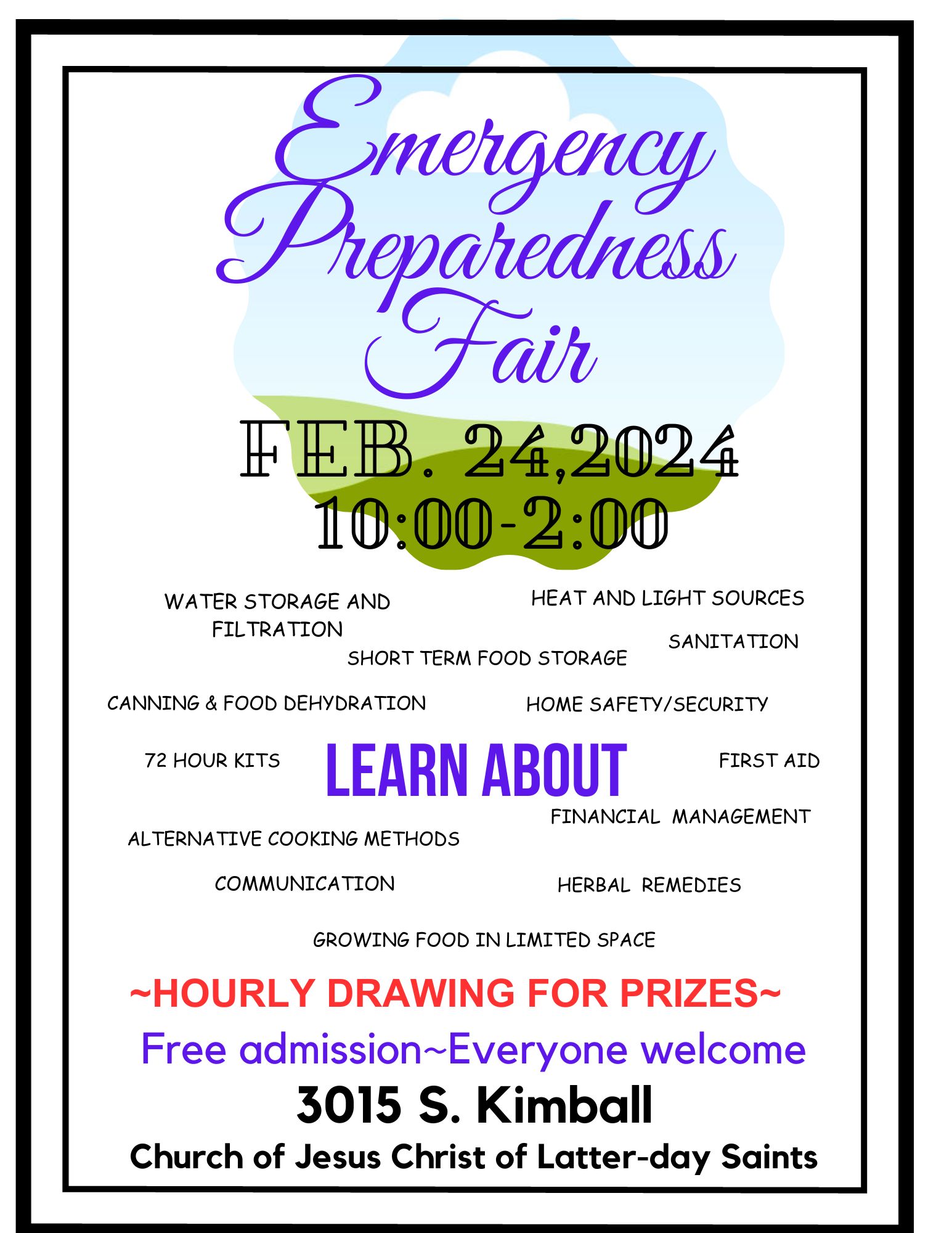 Poster for an Emergency Preparedness Fair on February 24, 2024, offering information on various safety and preparedness topics, with free admission at 3015 S. Kimball, hosted by the Church of Jesus Christ of Latter-day Saints