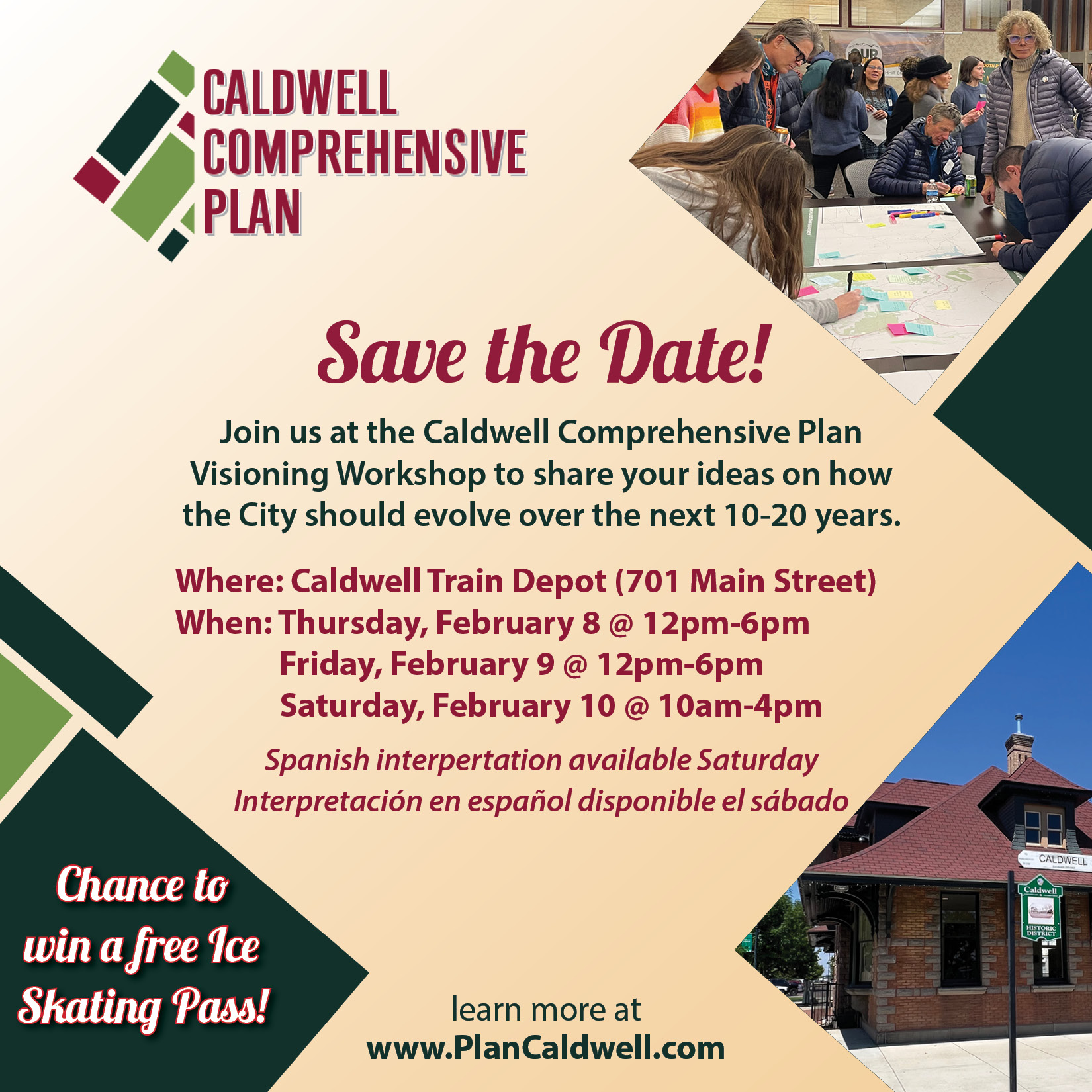 Digital flyer for the Caldwell Comprehensive Plan Visioning Workshop, detailing event dates, times, location, and incentives.