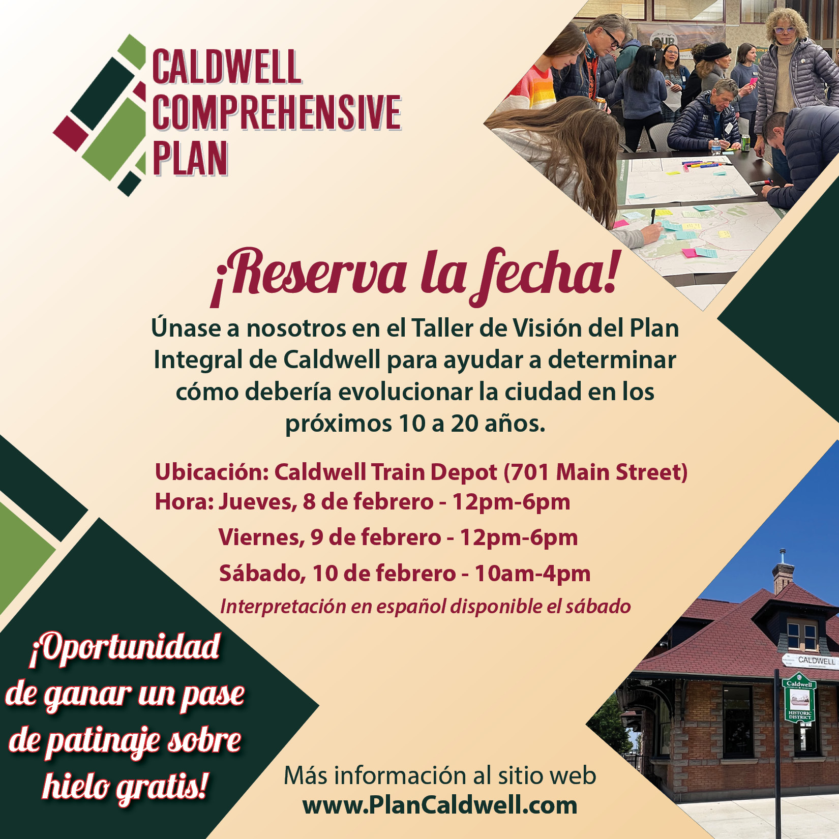 Folleto digital para el Taller de Visión del Plan Integral de Caldwell, detallando las fechas, horarios, ubicación e incentivos del evento.