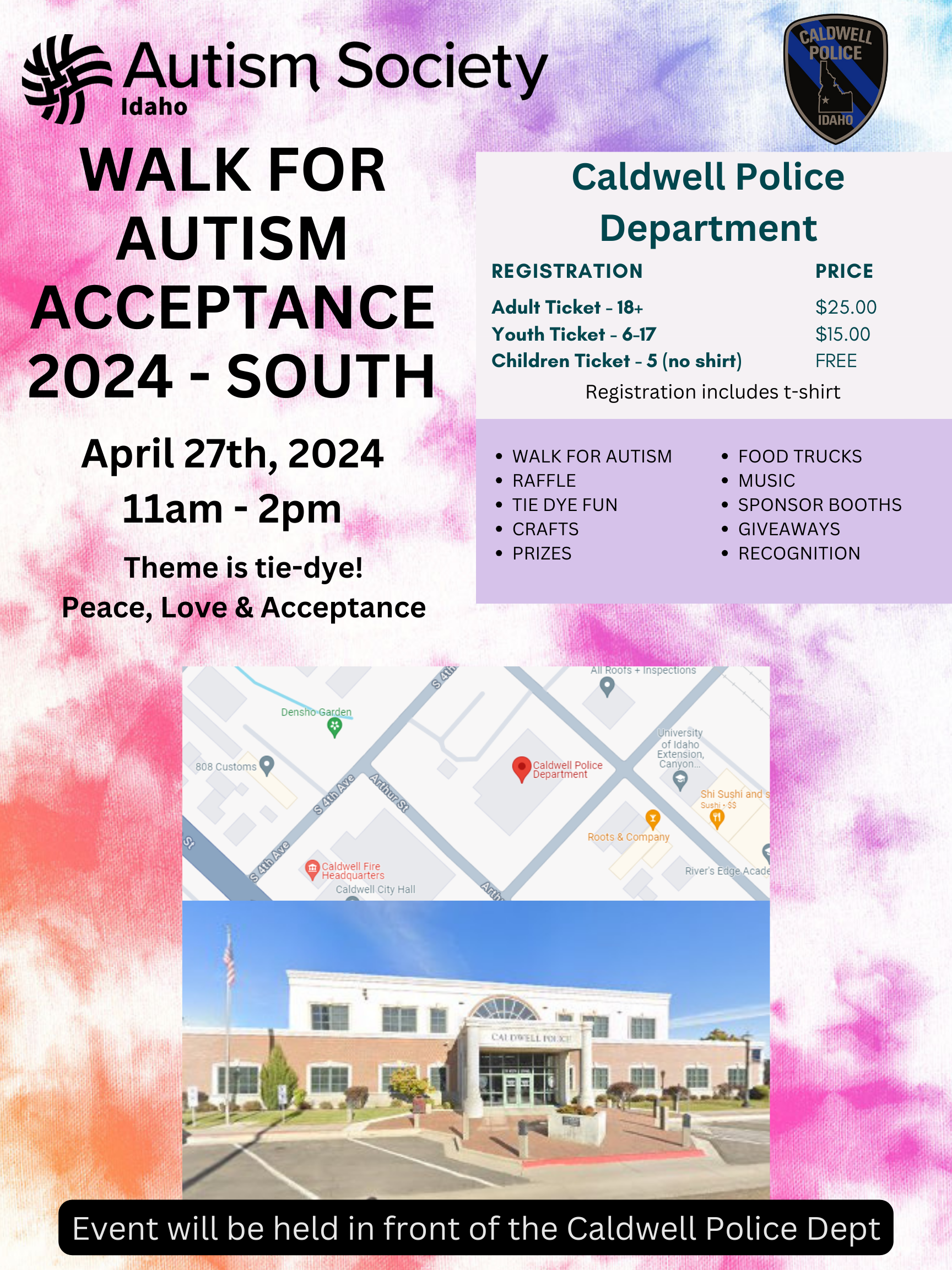 Colorful poster for the Walk for Autism Acceptance 2024 - South event, organized by Autism Society Idaho and Caldwell Police Department, scheduled for April 27th, 2024 from 11am to 2pm with a tie-dye theme.