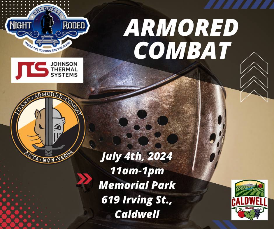 Poster for an Armored Combat event on July 4th, 2024 featuring an image of a medieval helmet