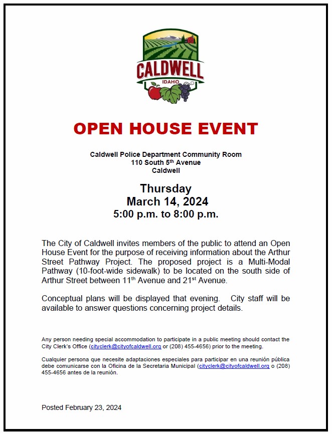 Notice of Open House Event on 3/14/2024 at 5pm regarding the Arthur Street Multi-Modal Pathway Project