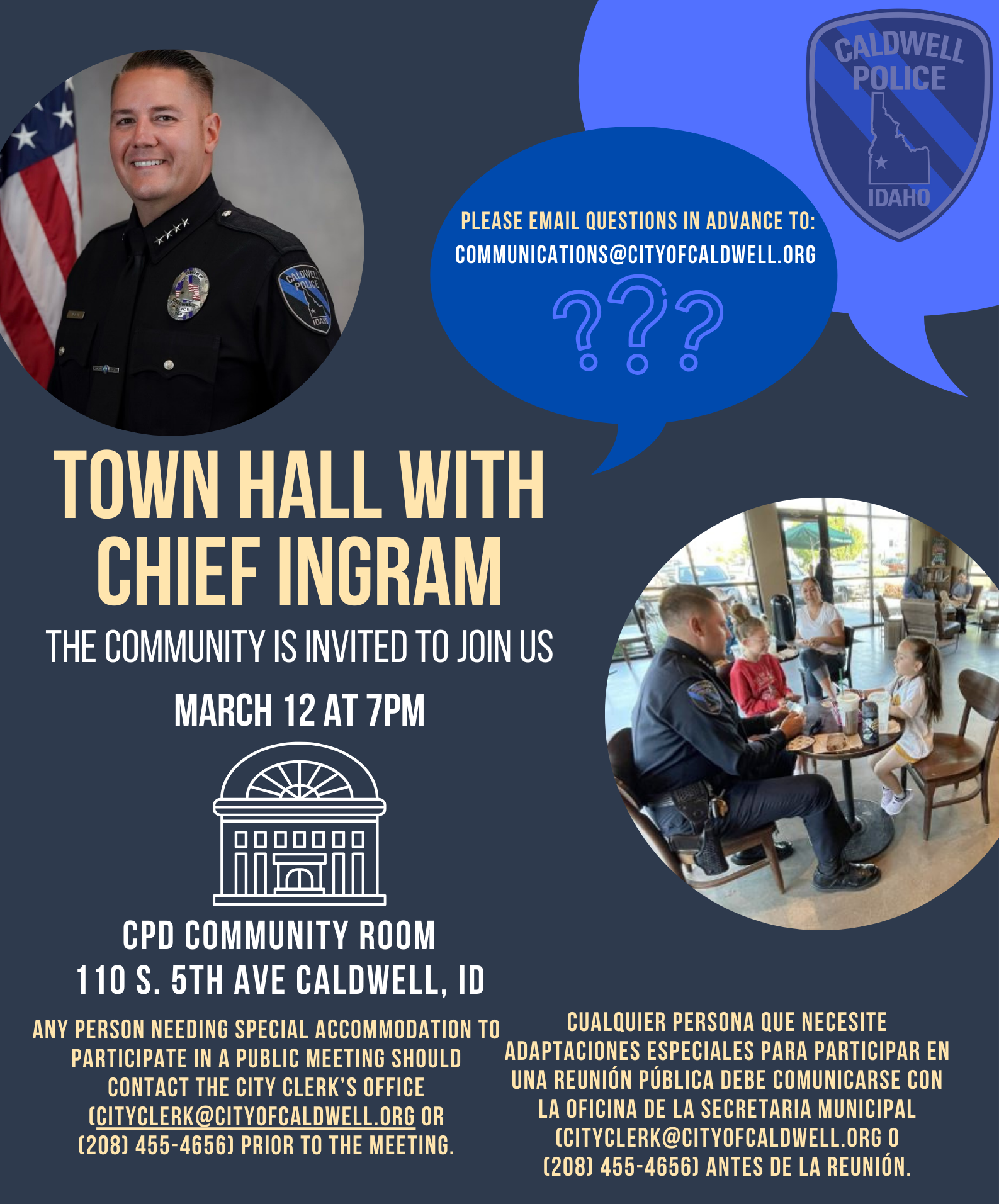 Promotional poster for a town hall meeting with Chief Ingram on March 12 at 7pm, featuring an image of the chief and a group of people in discussion.