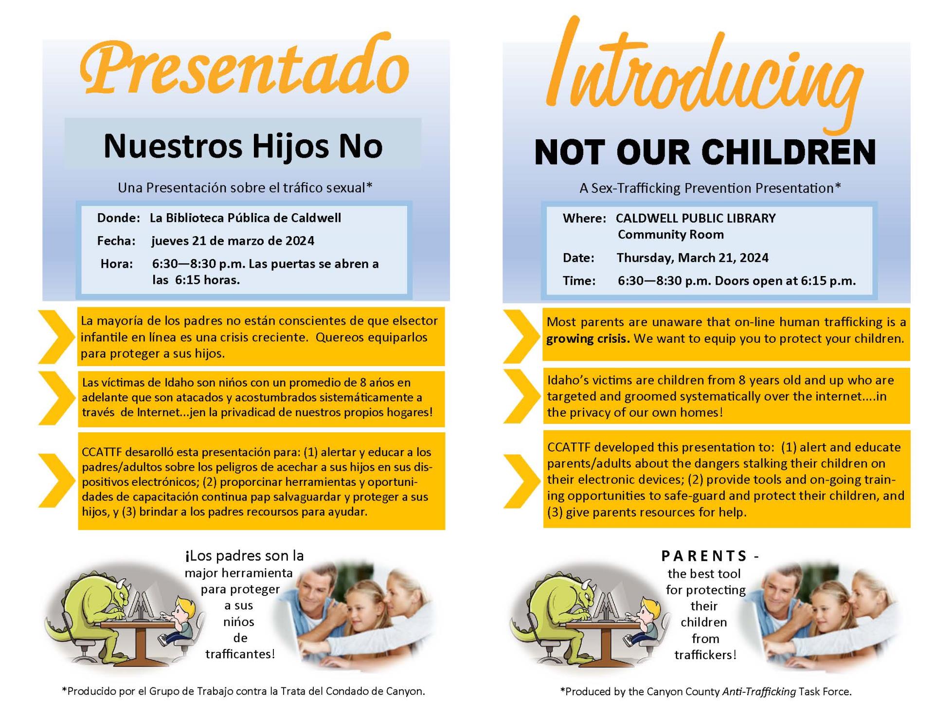 A bilingual flyer promoting a sex trafficking prevention presentation titled “Not Our Children” at Caldwell Public Library. The flyer is in both English and Spanish, with event details, date, time, and location provided. Illustrations depict parents protecting children from dangers.