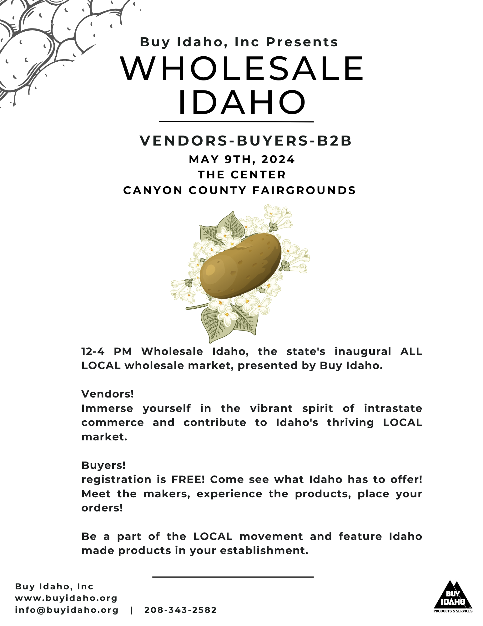 Flyer for Buy Idaho’s Wholesale Idaho B2B event on May 9th, 2024, at Canyon County Fairgrounds, featuring local vendors and free registration for buyers