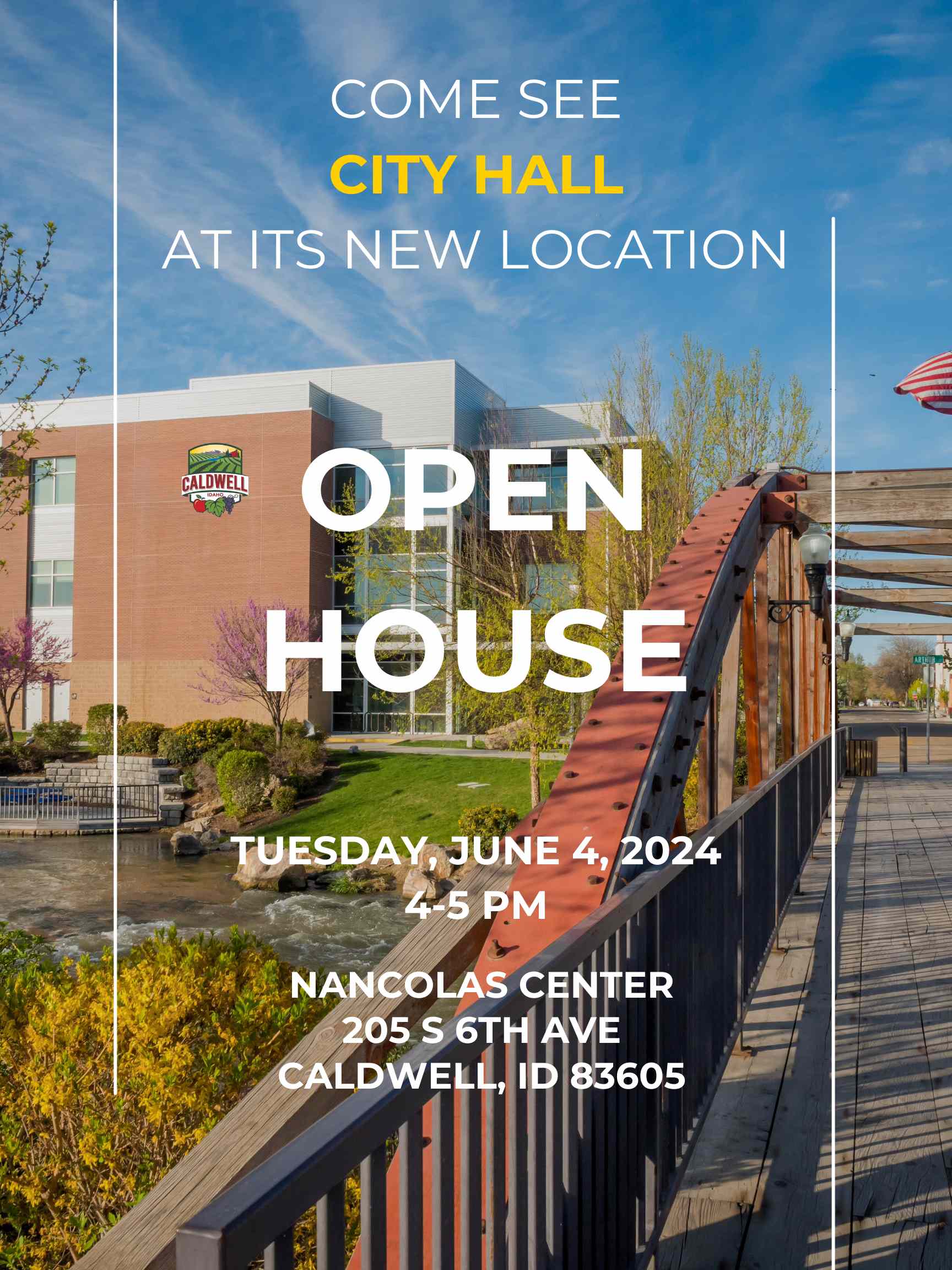 Promotional poster for City Hall open house event in Caldwell, ID on June 4, 2024, featuring a modern building and event details.