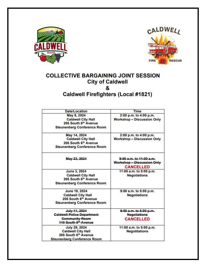 Collective bargaining joint session - city of caldwell and caldwell firefighters - workshop schedule