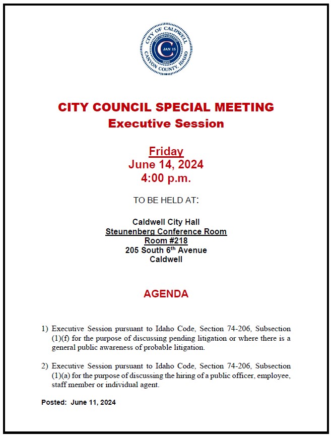 City Council Special Meeting announcement for 6-14-24