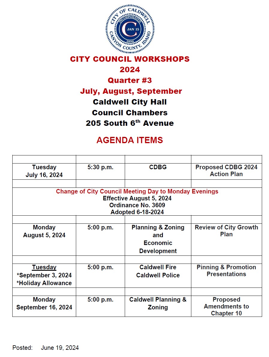 Schedule of City Council workshops, July-Sept 2024