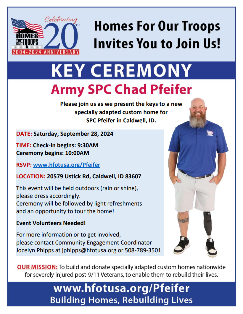 Key Ceremony for Army SPC Chad Pfeifer Event Flyer