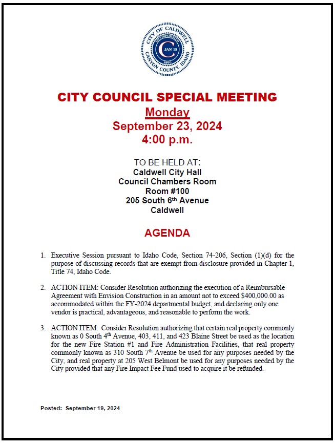 AGENDA for 9-23-24 Special City Council Meeting