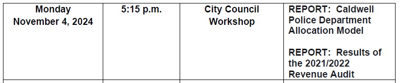 City Council Workshop Topics for Nov 4, 2024